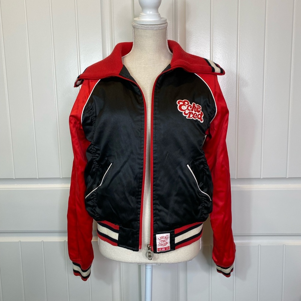 EckoRed Embroidered Satin Knitted Zip Up Bomber Jacket - Picture 8 of 15